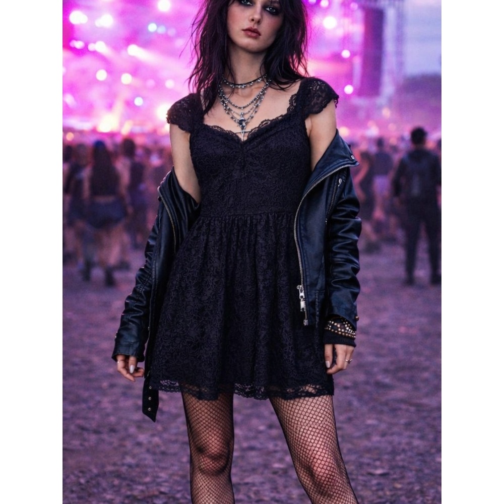Black Lace Skater Dress Y2K Goth Dark Romantic Fit Flare Mini Dress Small